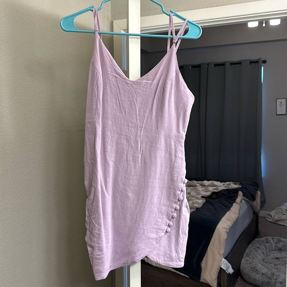 Lavender Linen Mini Dress with Button Details - Size L
